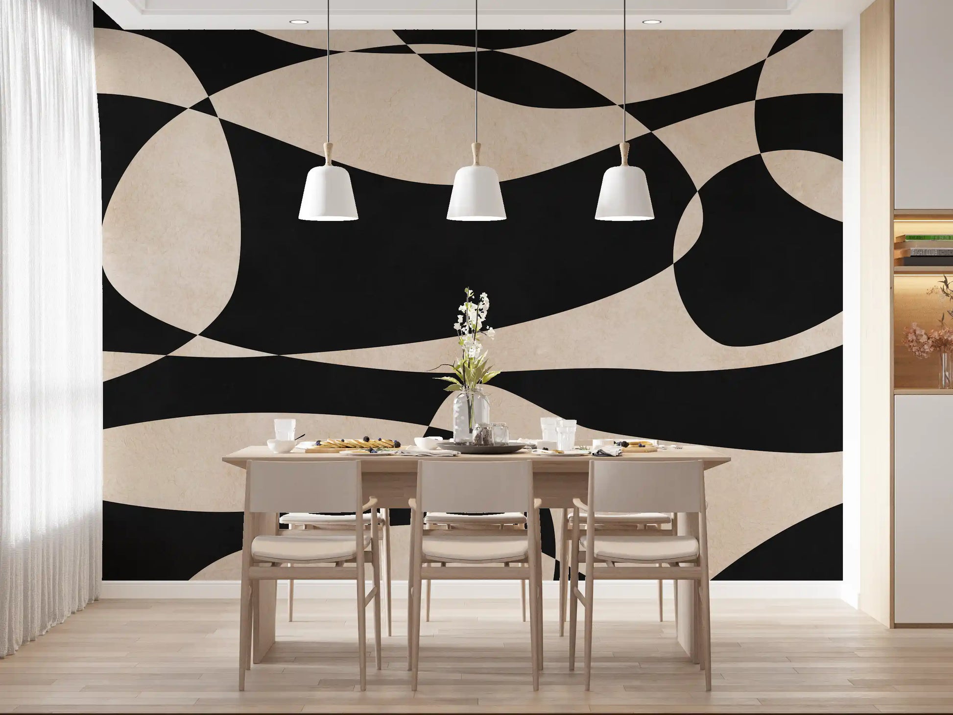 Abstract Cream and Charcoal Interplay Wall Mural