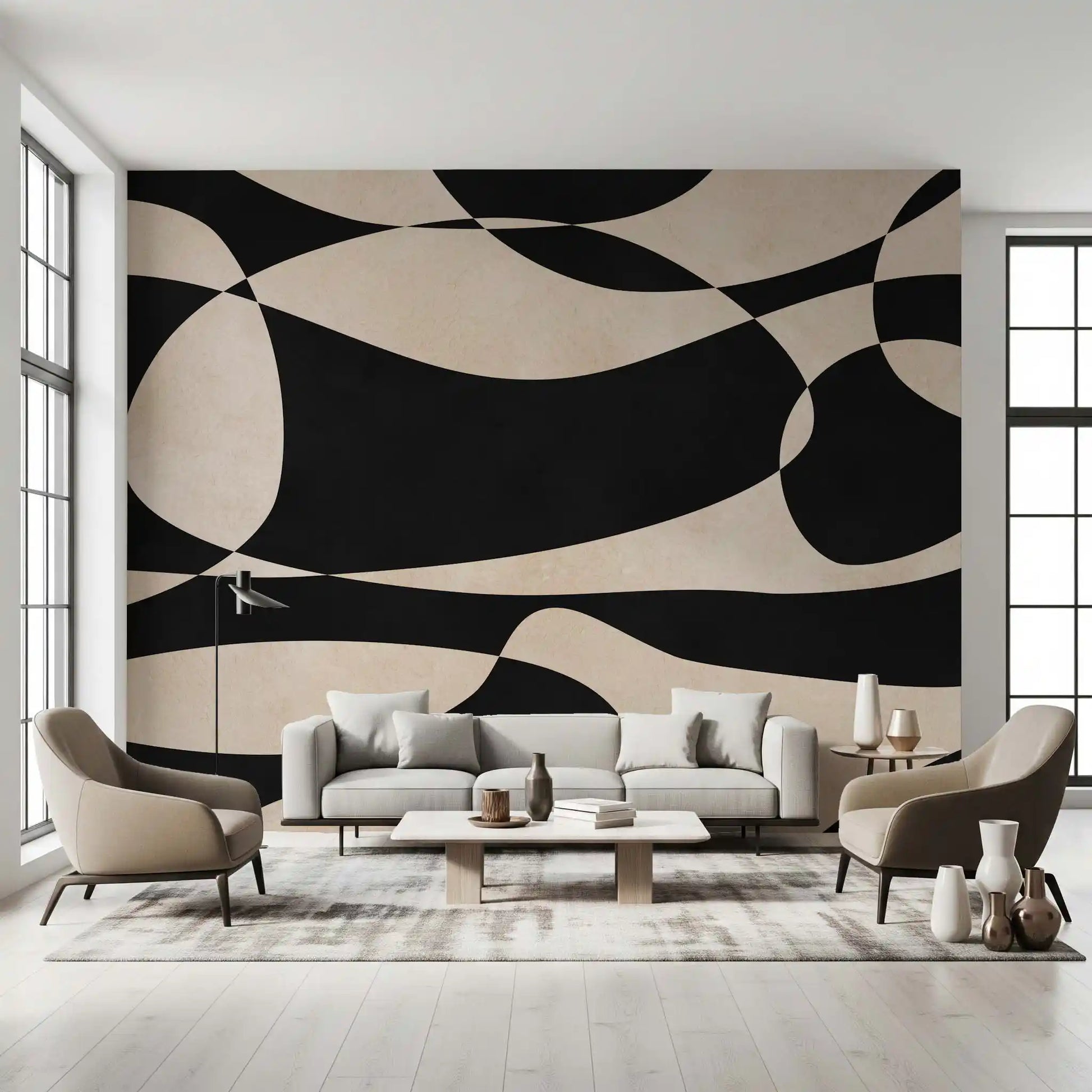 Abstract Cream and Charcoal Interplay Wall Mural