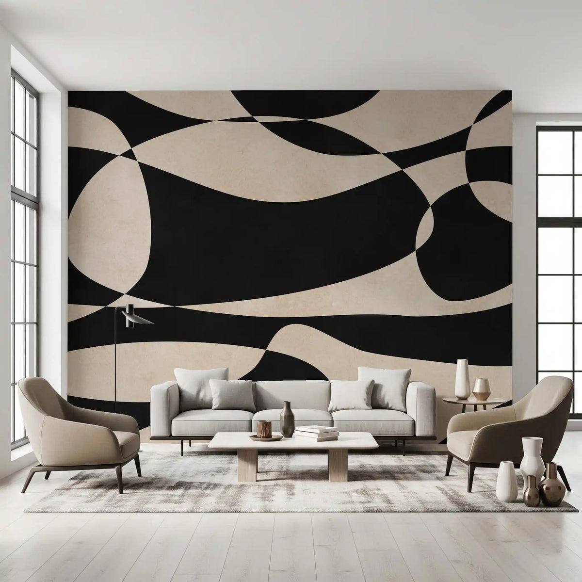 Abstract wall mural featuring flowing cream and charcoal curves in organic shapes GD11117