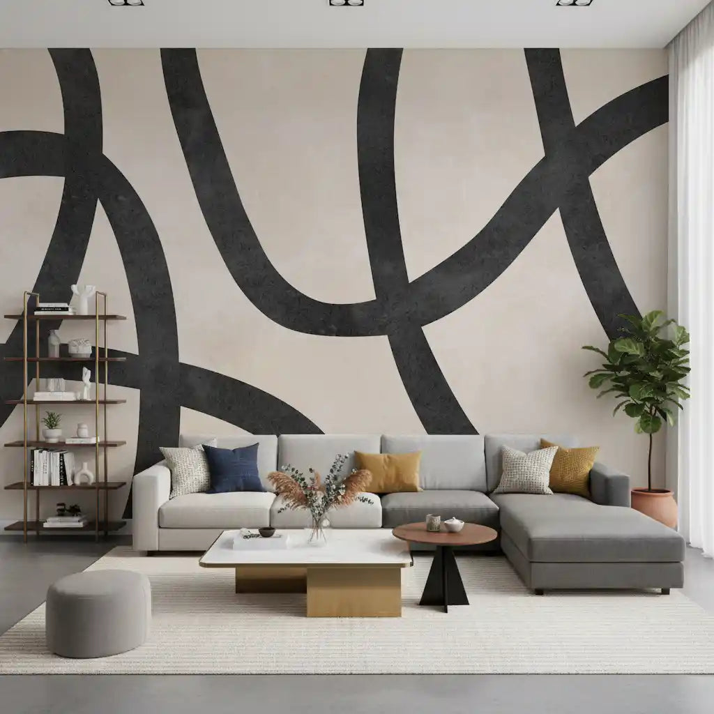 Monochrome wall mural featuring looping black lines on cream ground GD11118
