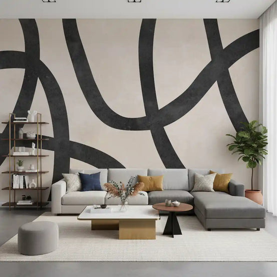 Monochrome wall mural featuring looping black lines on cream ground GD11118