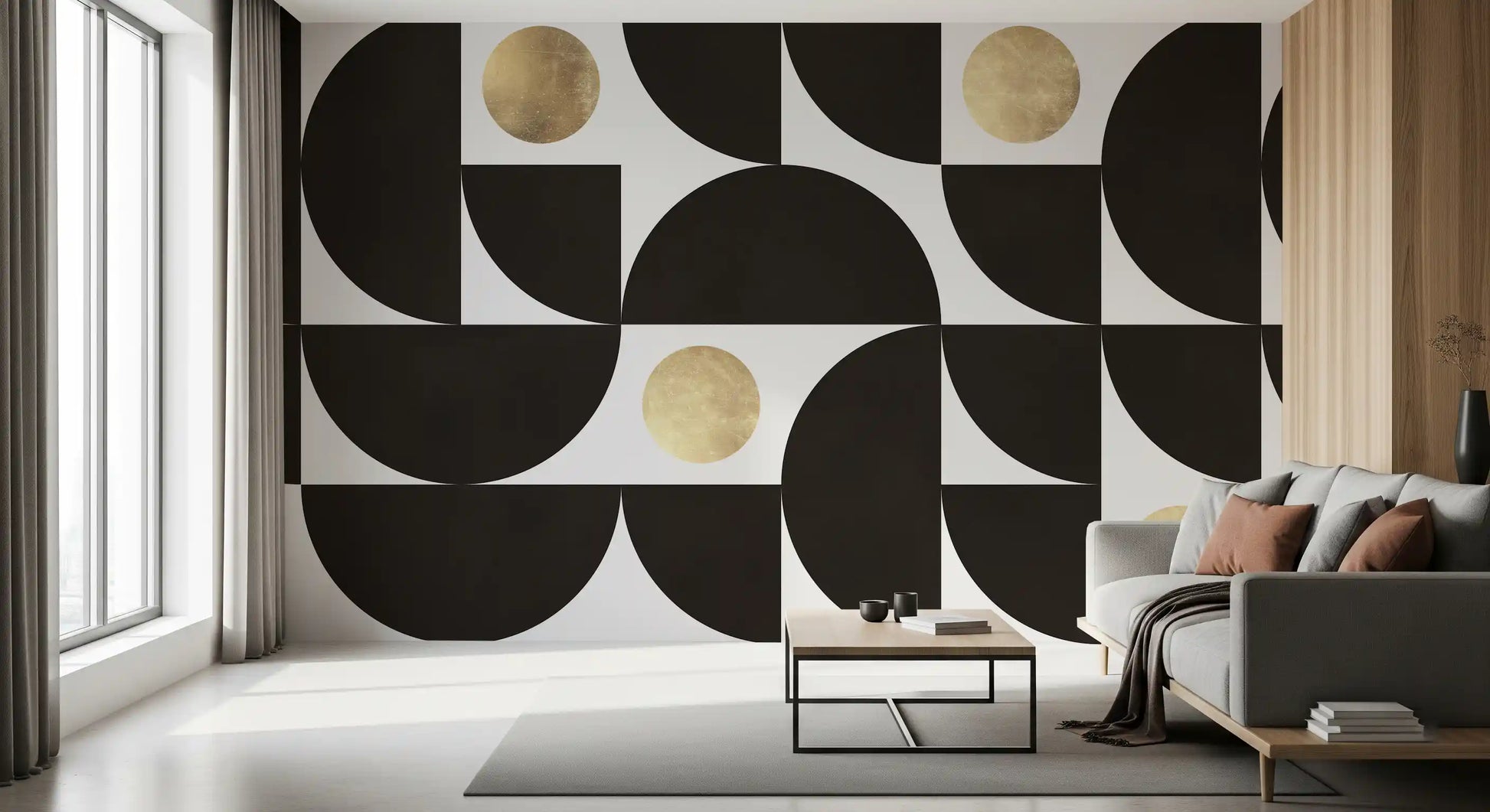 Modernist Geometric Gold and Black Arcs Wall Mural