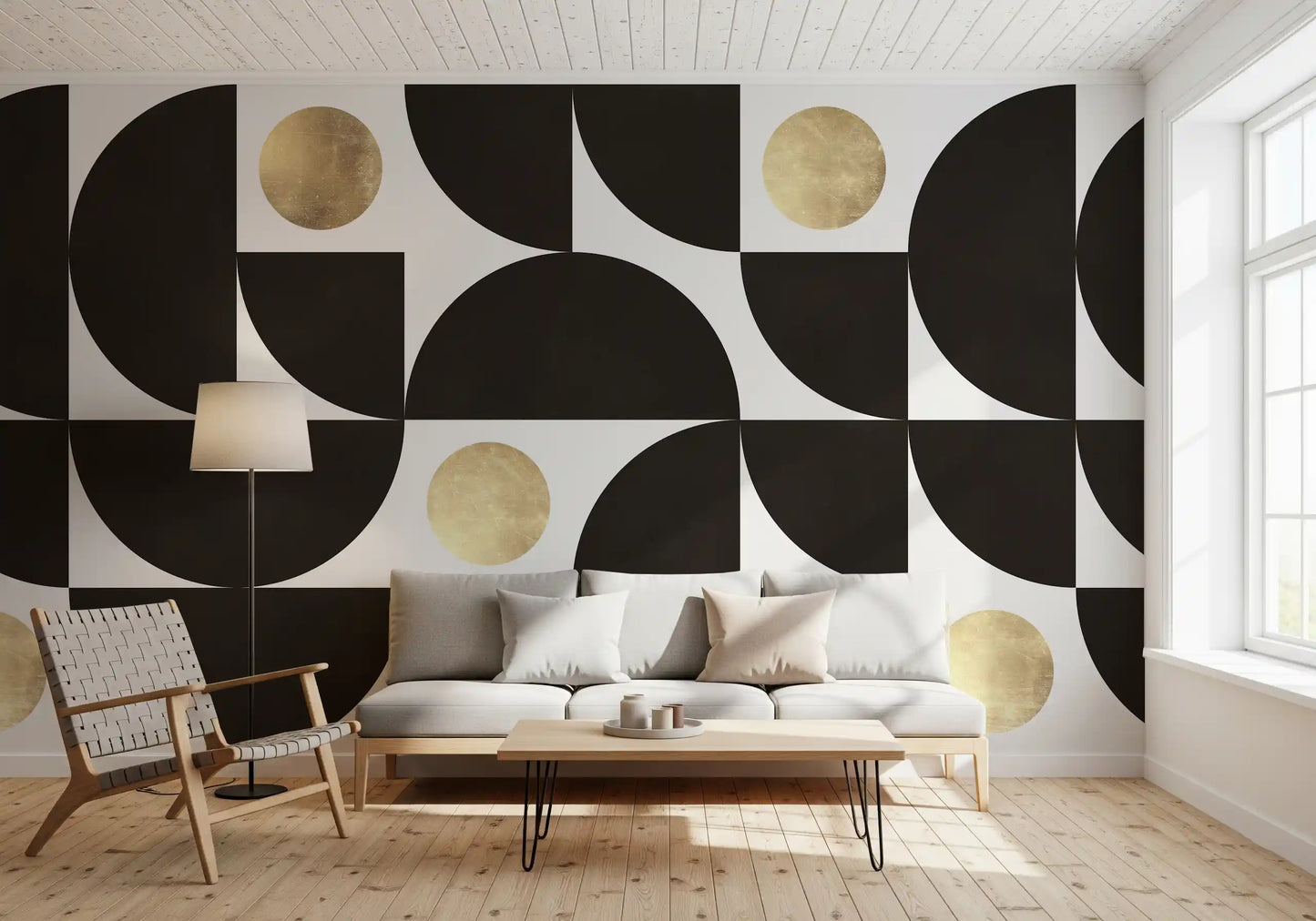 Modernist Geometric Gold and Black Arcs Wall Mural