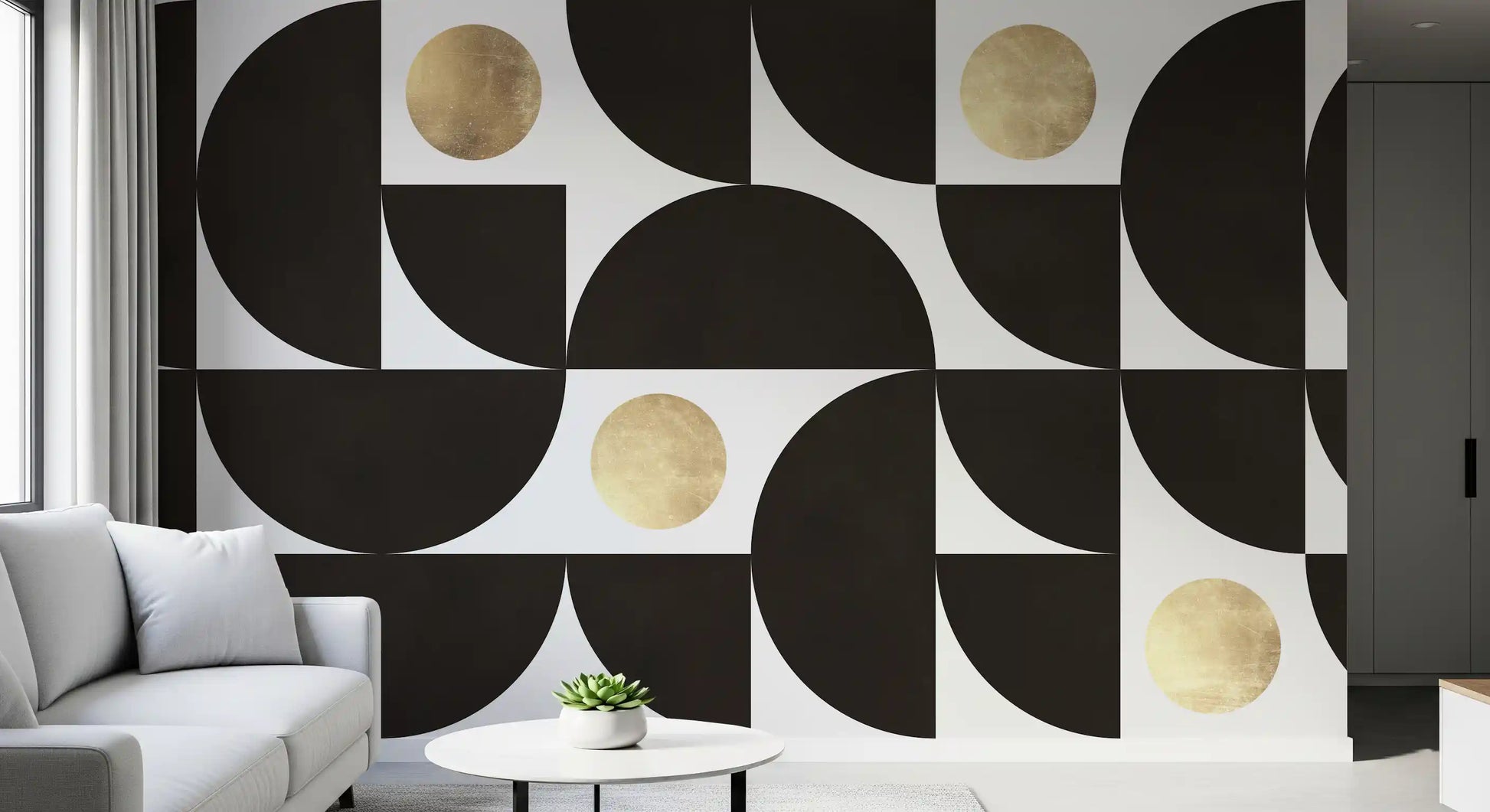 Modernist Geometric Gold and Black Arcs Wall Mural