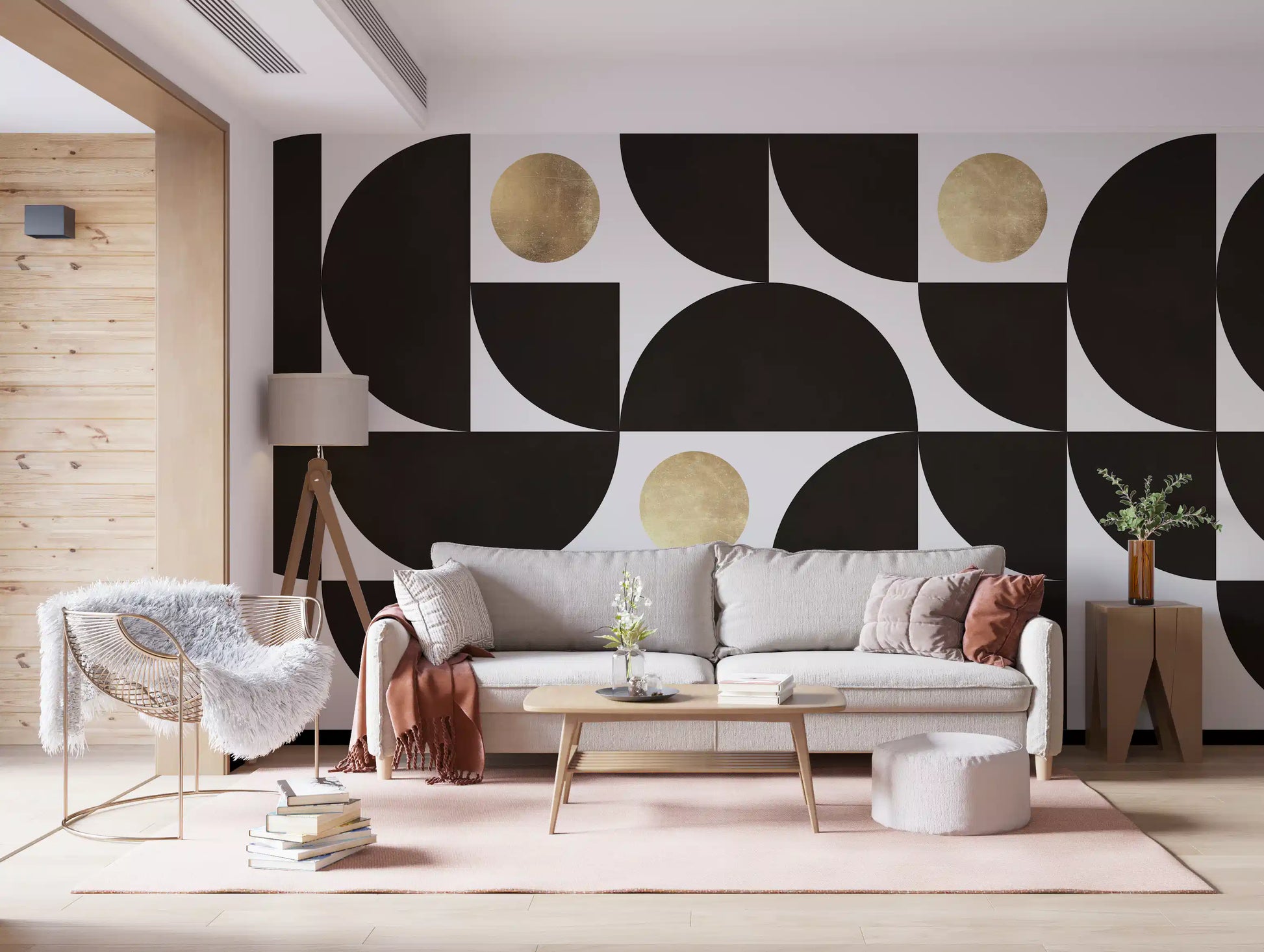 Modernist Geometric Gold and Black Arcs Wall Mural