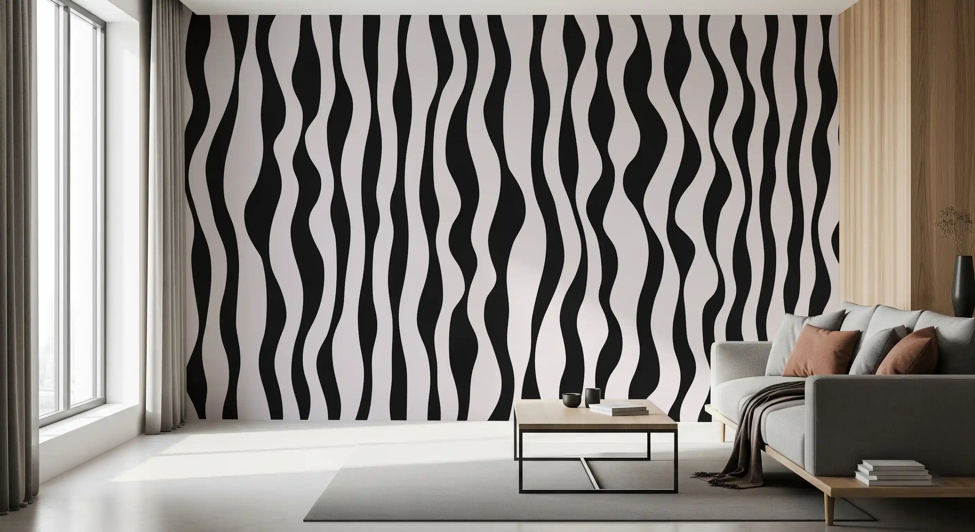 Monochrome wavy stripe wall mural with vertical black bands on off-white in living room GD11120