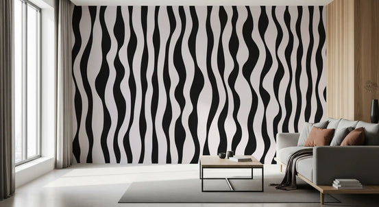 Monochrome wavy stripe wall mural with vertical black bands on off-white in living room GD11120