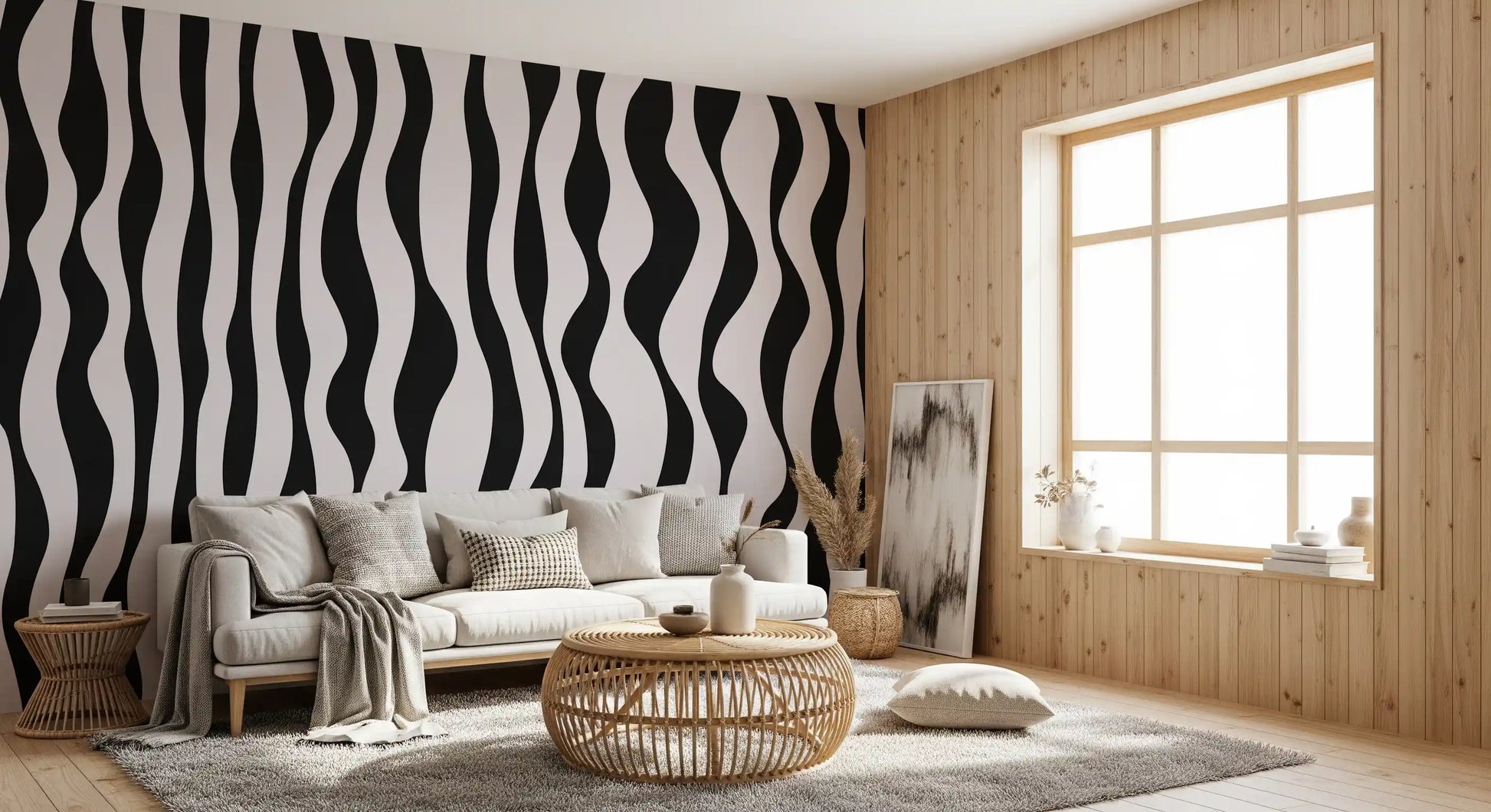 Monochrome Wavy Stripe Design Wall Mural