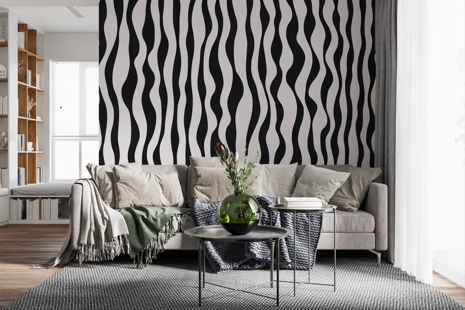 Monochrome Wavy Stripe Design Wall Mural