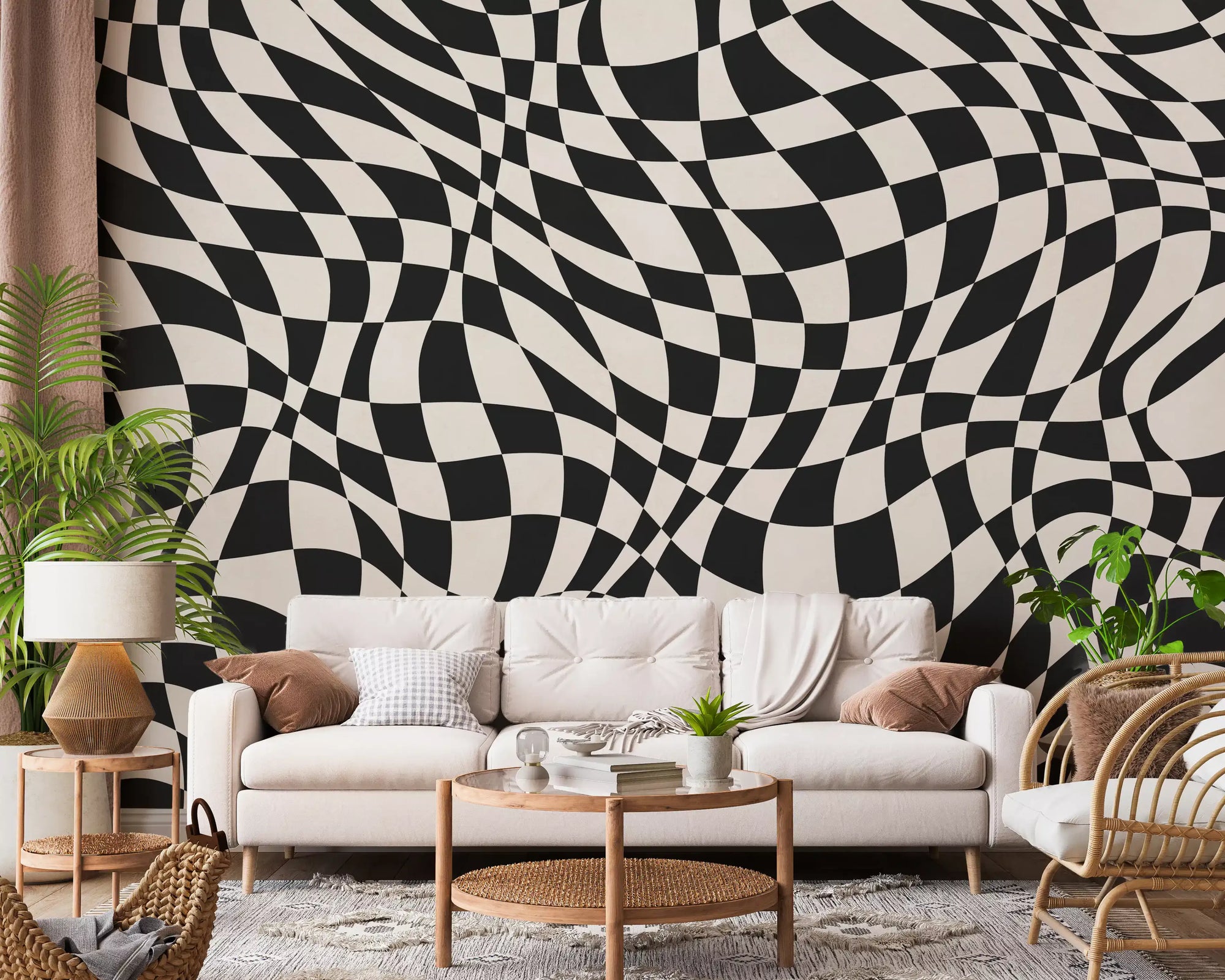 Wavy checkerboard wall mural with warped black and ivory squares in living room GD11121