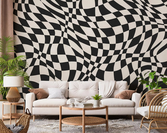 Wavy checkerboard wall mural with warped black and ivory squares in living room GD11121
