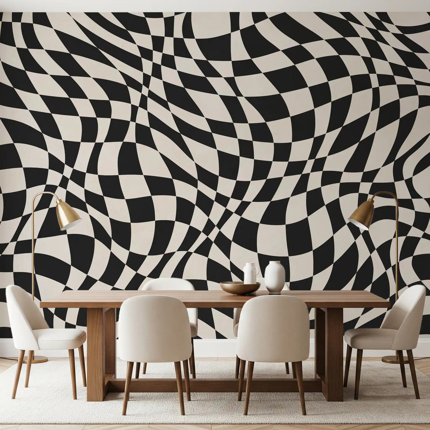 Wavy Monochrome Checkerboard Wall Mural