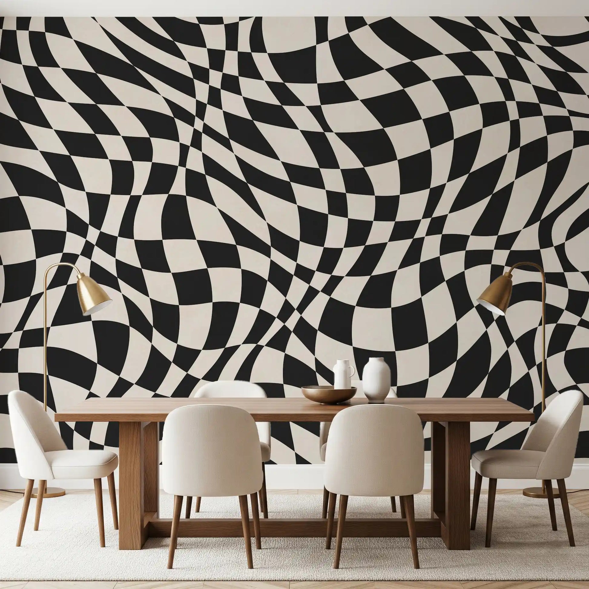 Wavy Monochrome Checkerboard Wall Mural