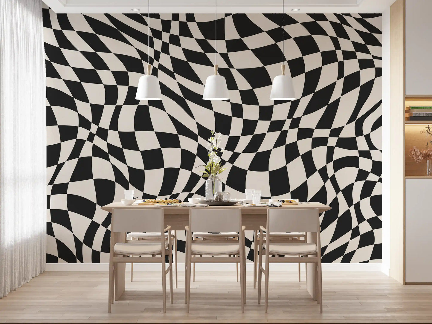 Wavy Monochrome Checkerboard Wall Mural