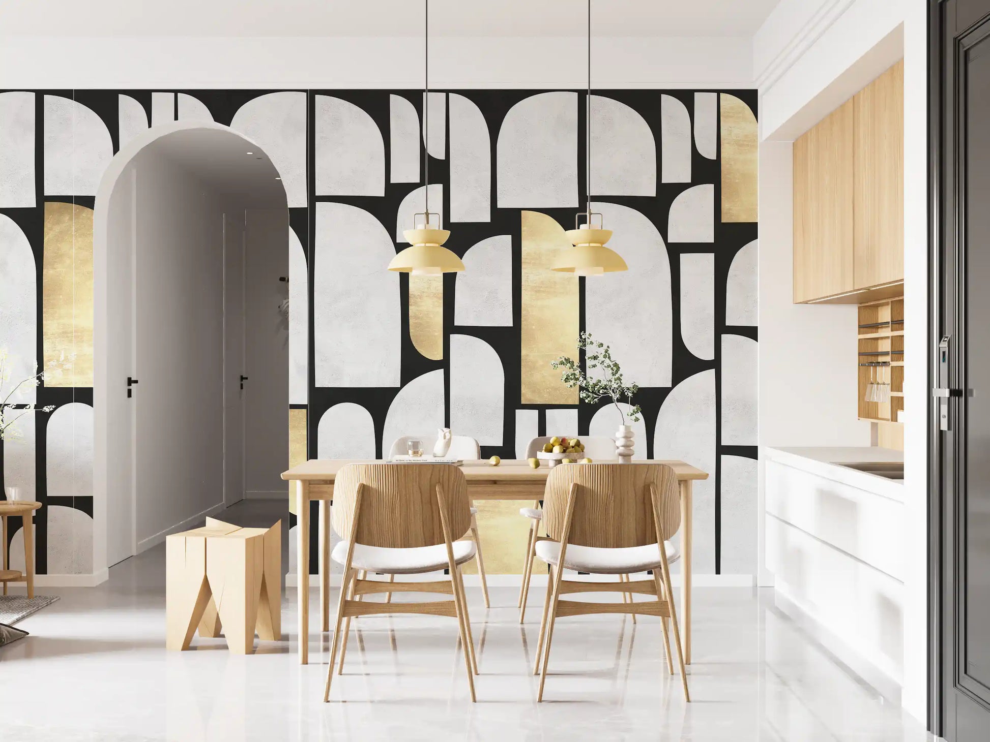 Modernist Gold and Stone Archway Motif Wall Mural