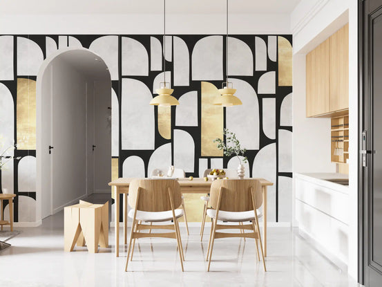 Modernist wall mural with stacked stone arches and gold accents on black GD11122