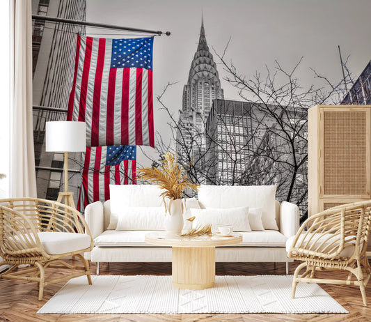 Manhattan cityscape mural with Chrysler Building landmark and flags GD11123