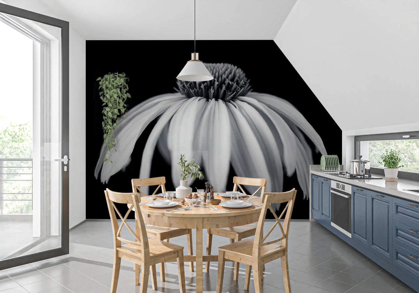 Monochrome Echinacea Bloom Wall Mural