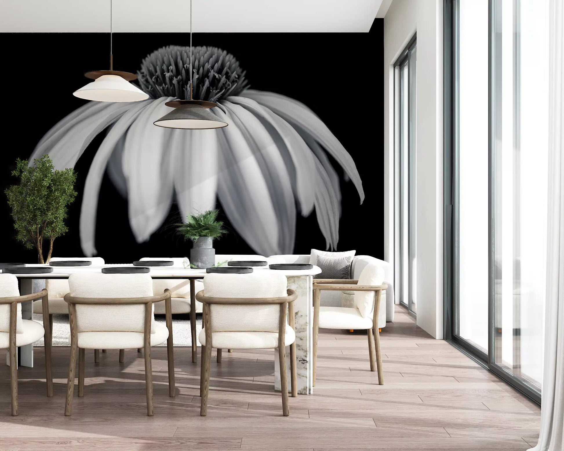 Monochrome Echinacea Bloom Wall Mural