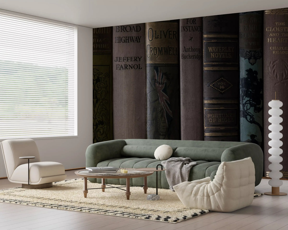 Vintage library book spine wall mural with gilded lettering GD11127