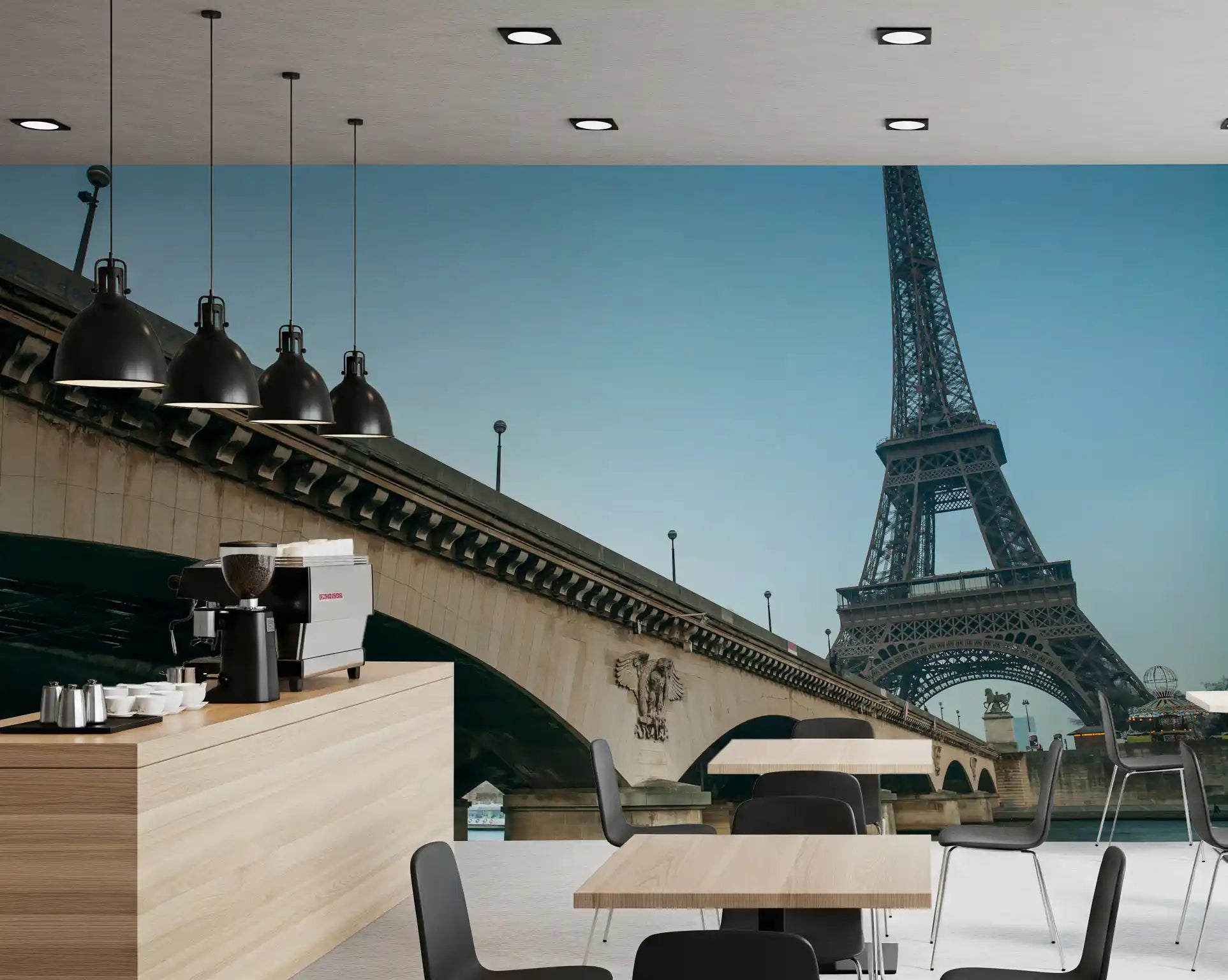 Paris wall mural showing Eiffel Tower and stone bridge over the Seine river GD11128