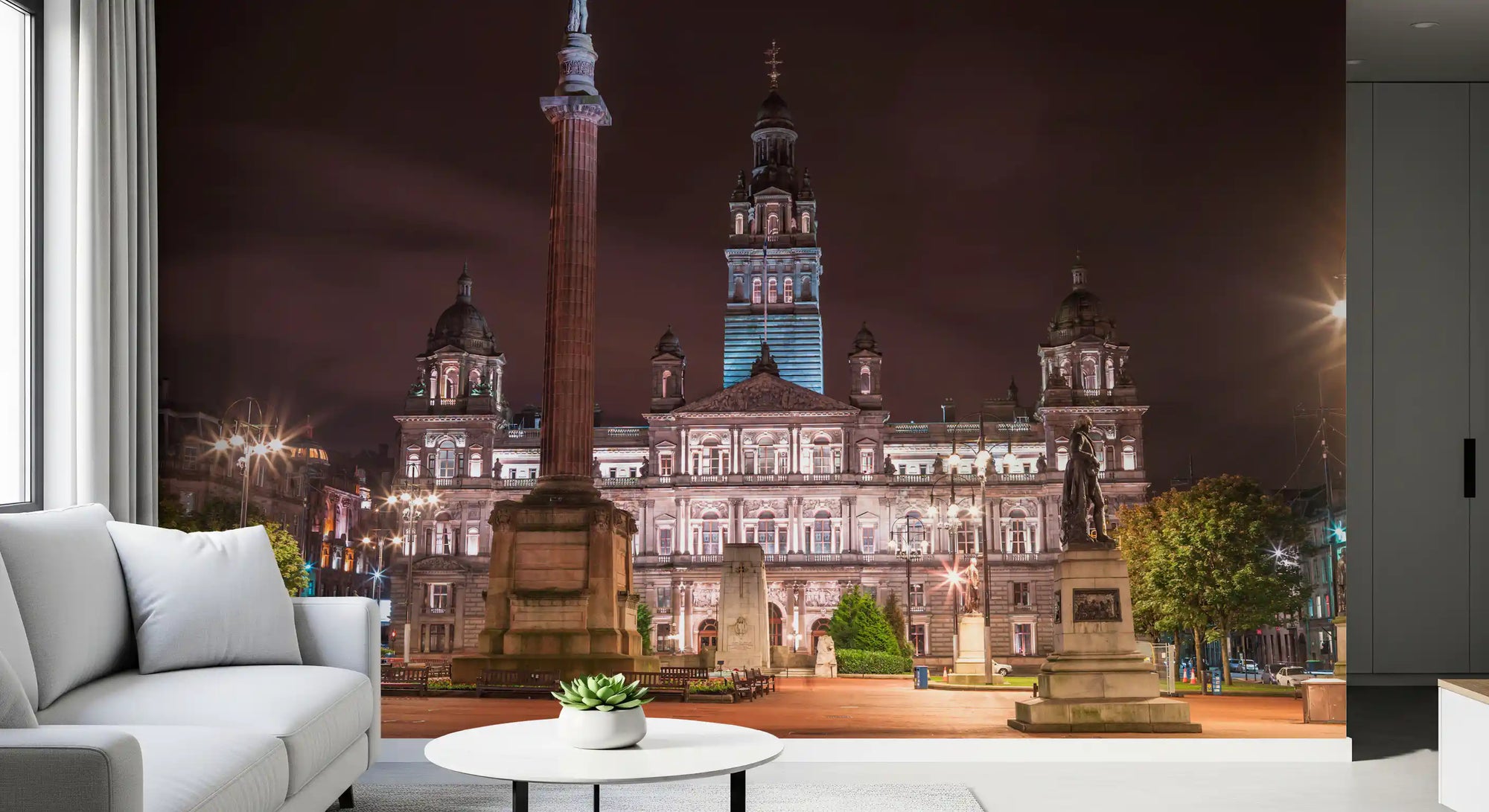 Glasgow City Chambers wall mural showing lit Victorian facade at night GD11129