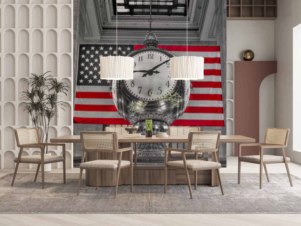 Grand terminal wall mural showing ornate brass clock and large striped flag GD11130