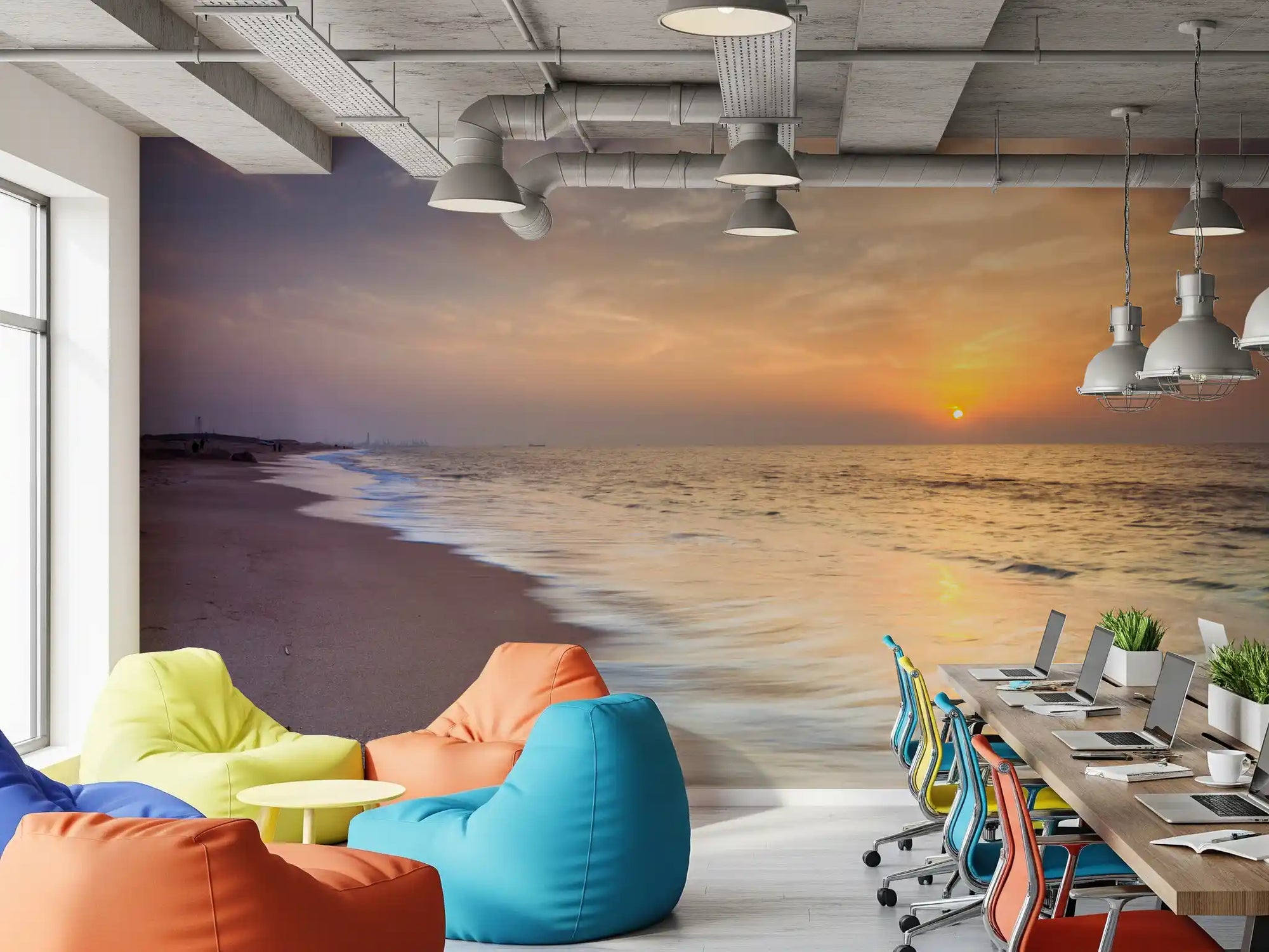 Coastal sunset wall mural showing golden sun sinking towards the calm sea in office GD11132