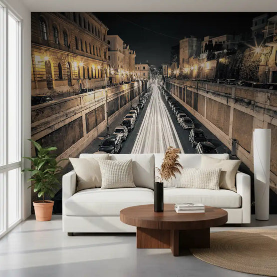 Night city street wall mural with white light trails running down the centre GD11133