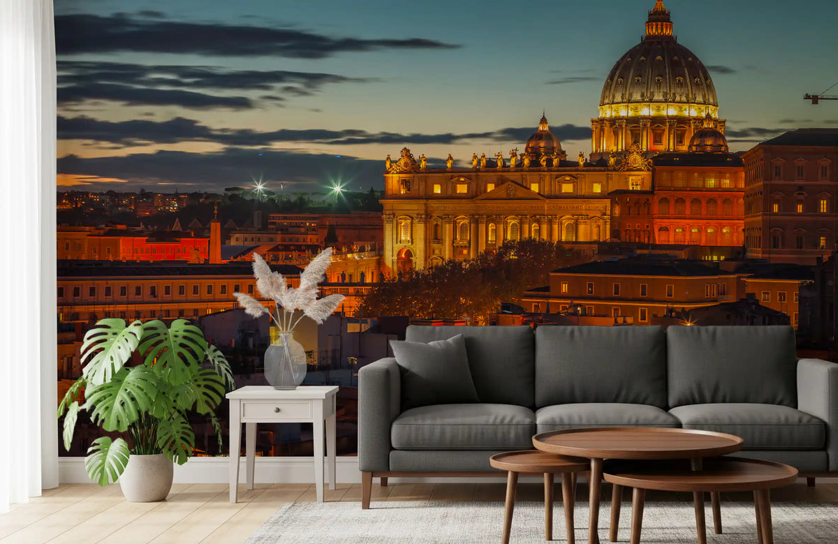 Twilight basilica wall mural with a glowing dome above warm city rooftops GD11134