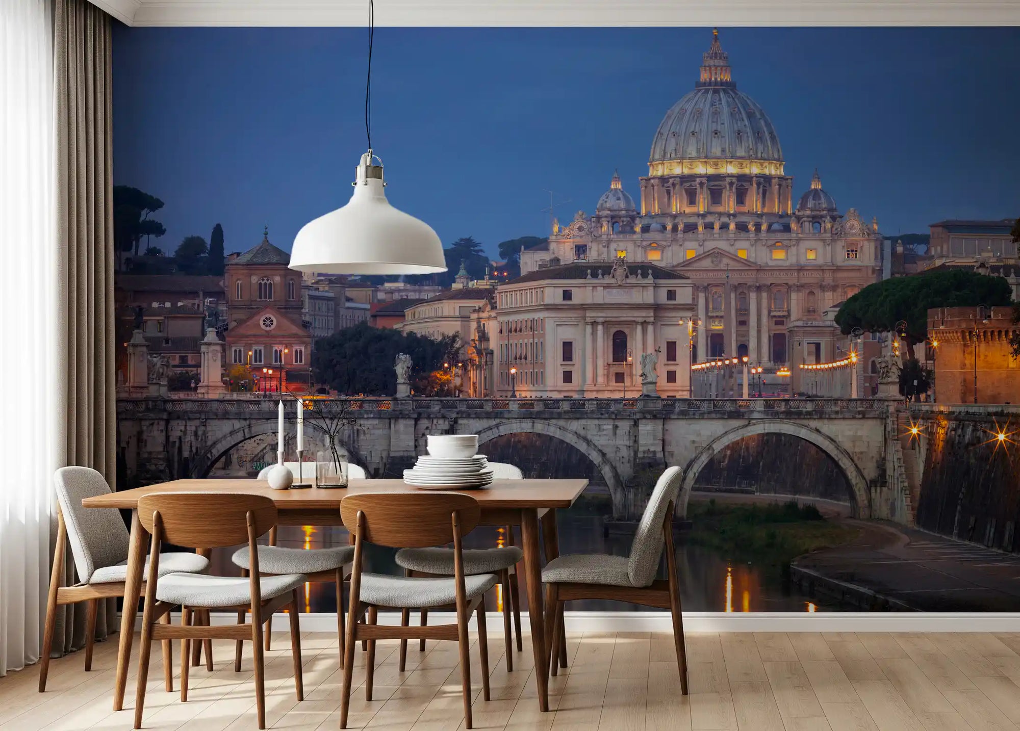 Twilight panorama wall mural with a lit dome behind a stone arched bridge in dining room GD11135