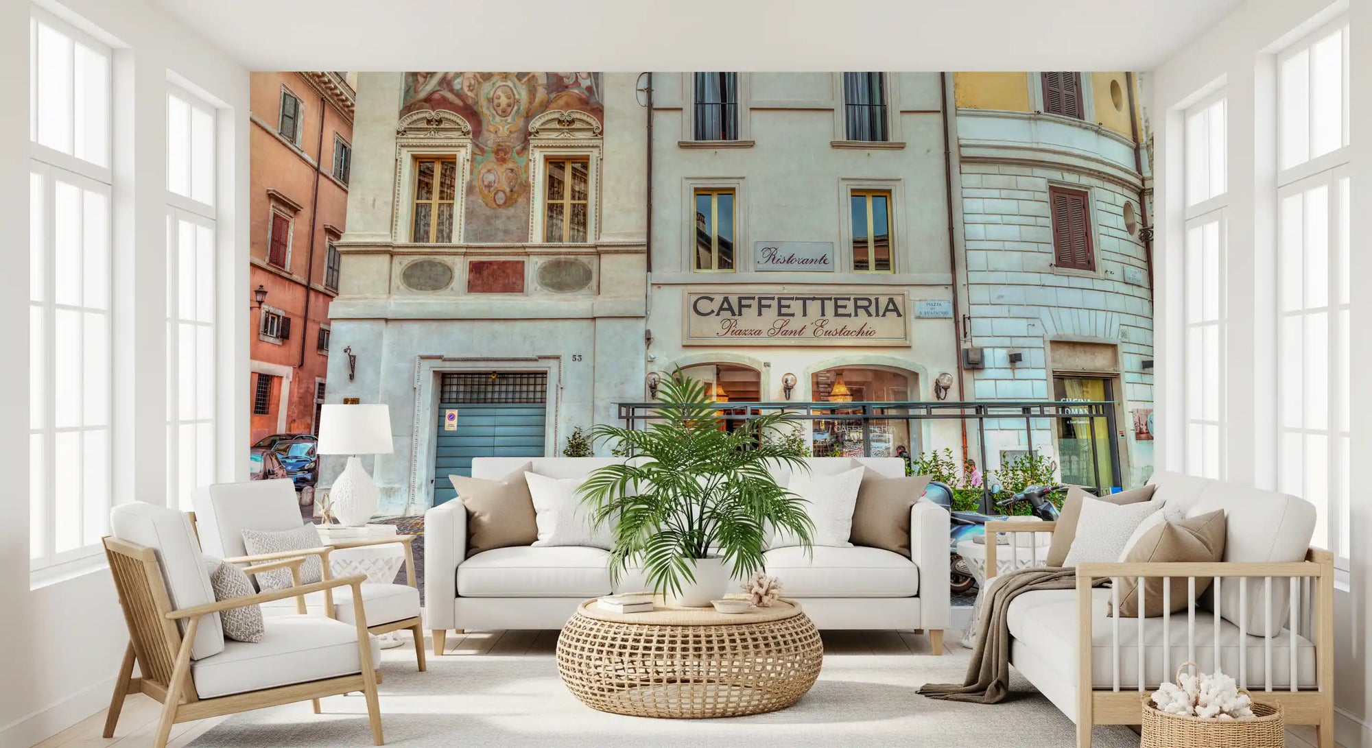 Piazza street scene wall mural with a corner cafe on cobblestones in living room GD11136