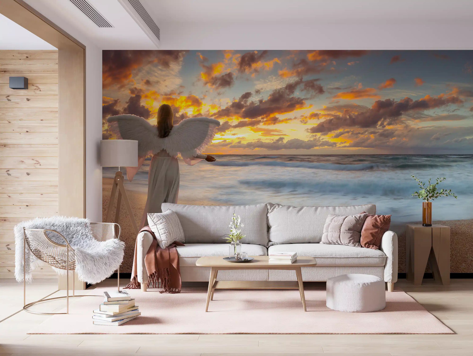 Celestial guardian sunset shore wall mural with a winged figure GD11138