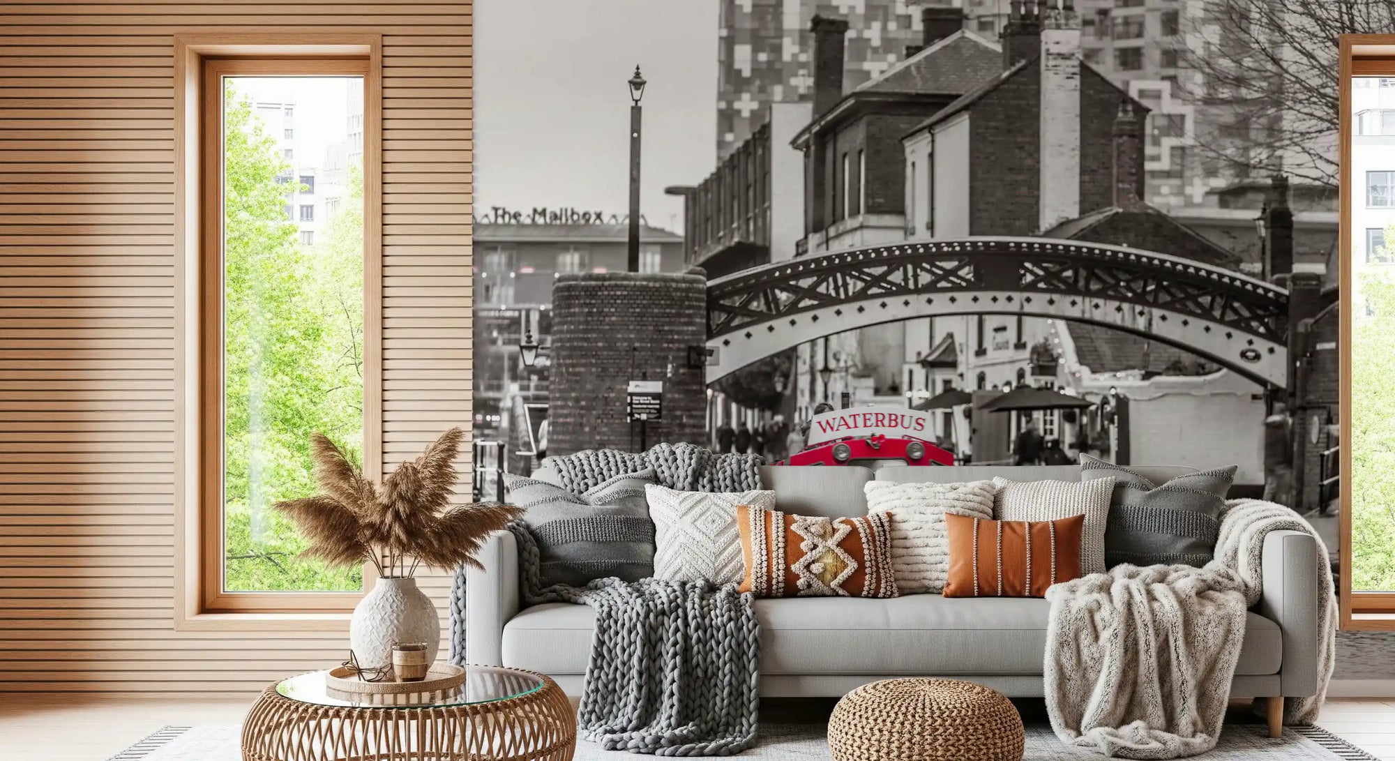 Crimson canal mural styled on a living room feature wall GD11139