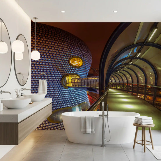 Futuristic metallic orb passage wall mural with curved skywalk and lights GD11140
