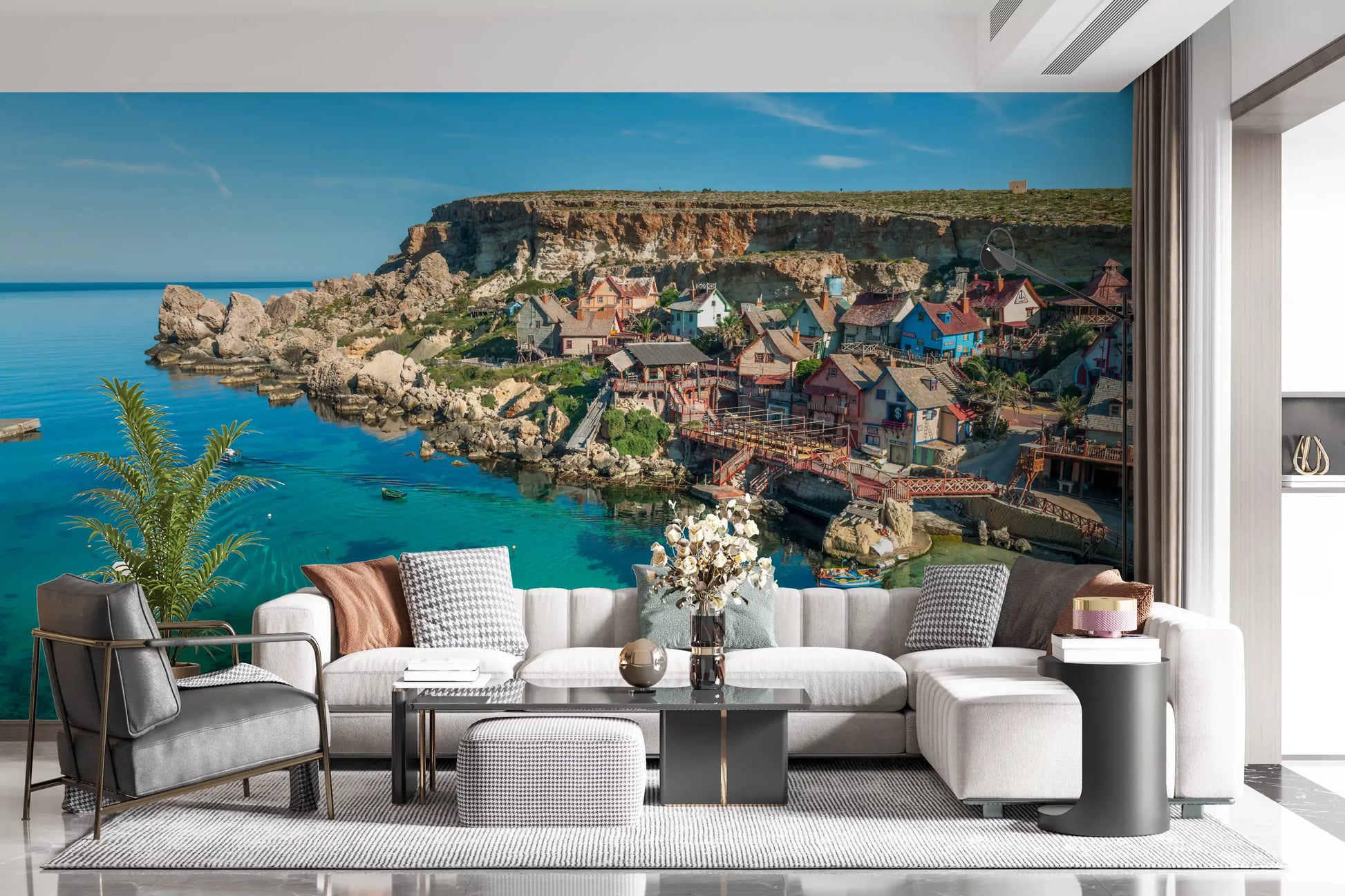 Mediterranean Coastal Village Harbor Wall Mural