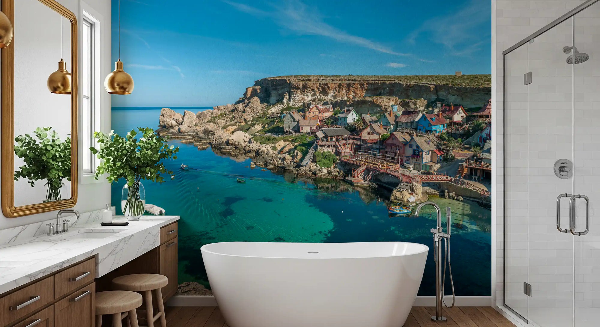 Mediterranean coastal village harbor wall mural with turquoise bay and boats GD11141