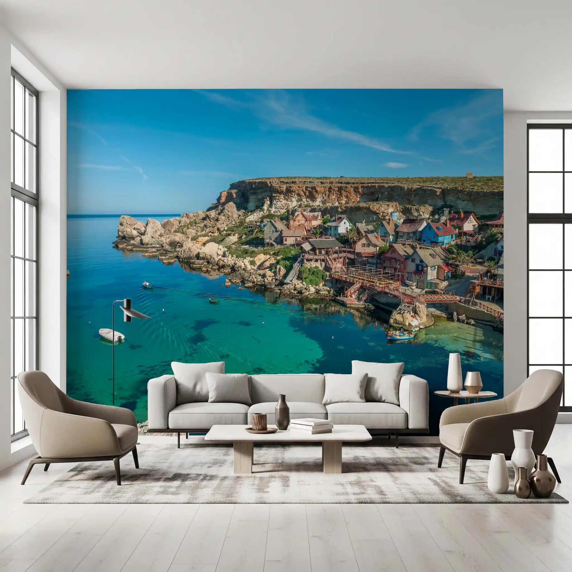 Mediterranean Coastal Village Harbor Wall Mural