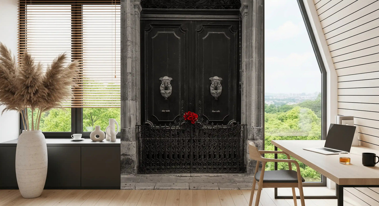 Scarlet Roses on Antique Iron Gate Wall Mural