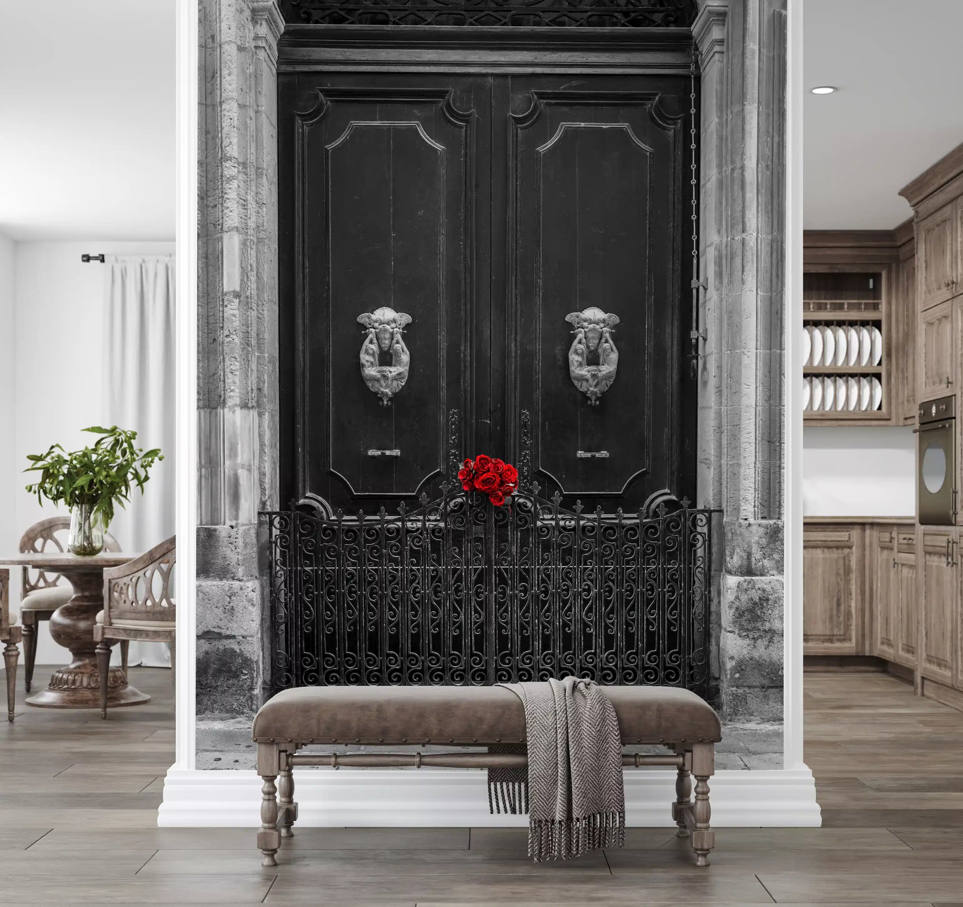 Scarlet Roses on Antique Iron Gate Wall Mural