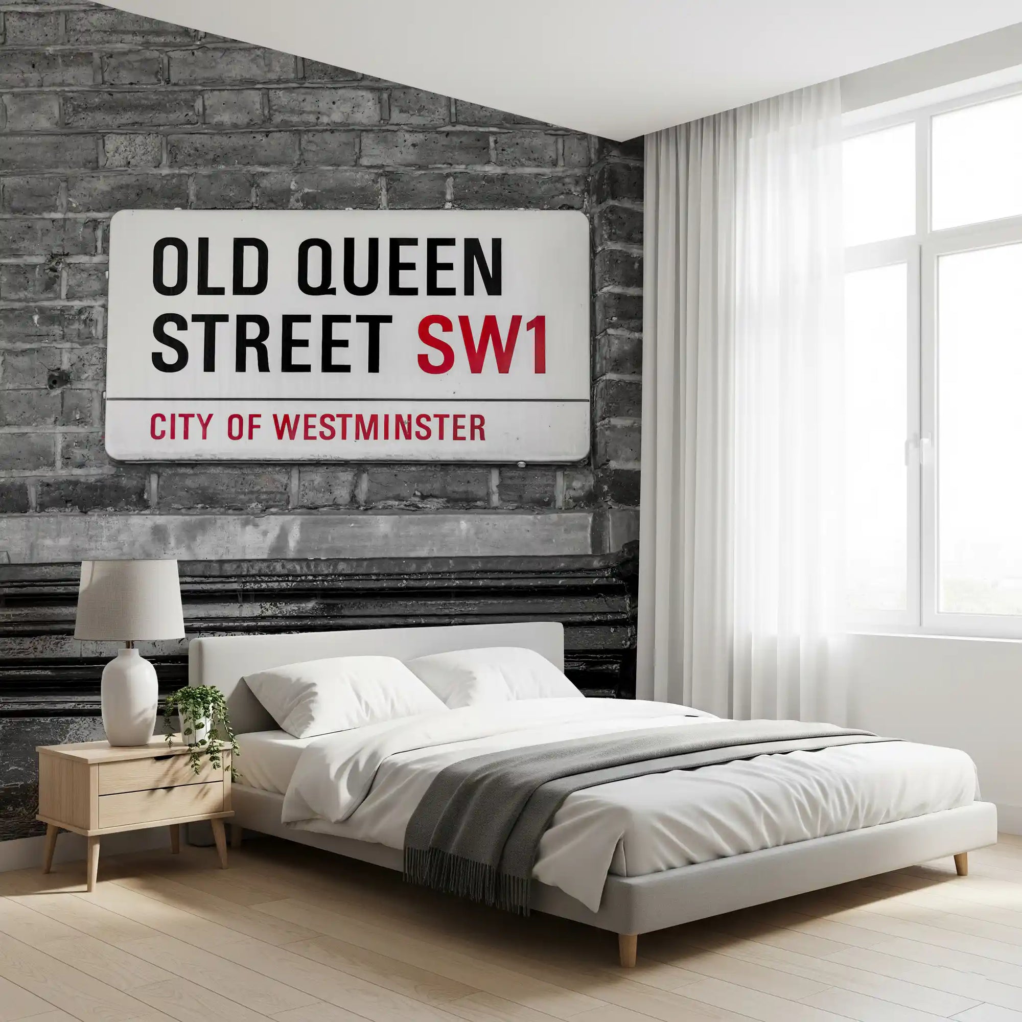 London landmark street sign wall mural on grey monochrome brickwork GD11143