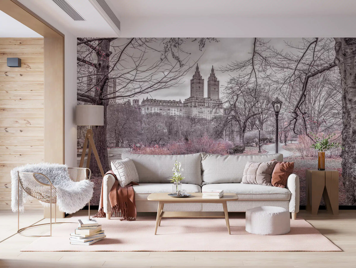 Central Park skyline promenade wall mural with curving path and bare winter trees GD11145