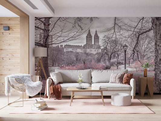 Central Park skyline promenade wall mural with curving path and bare winter trees GD11145