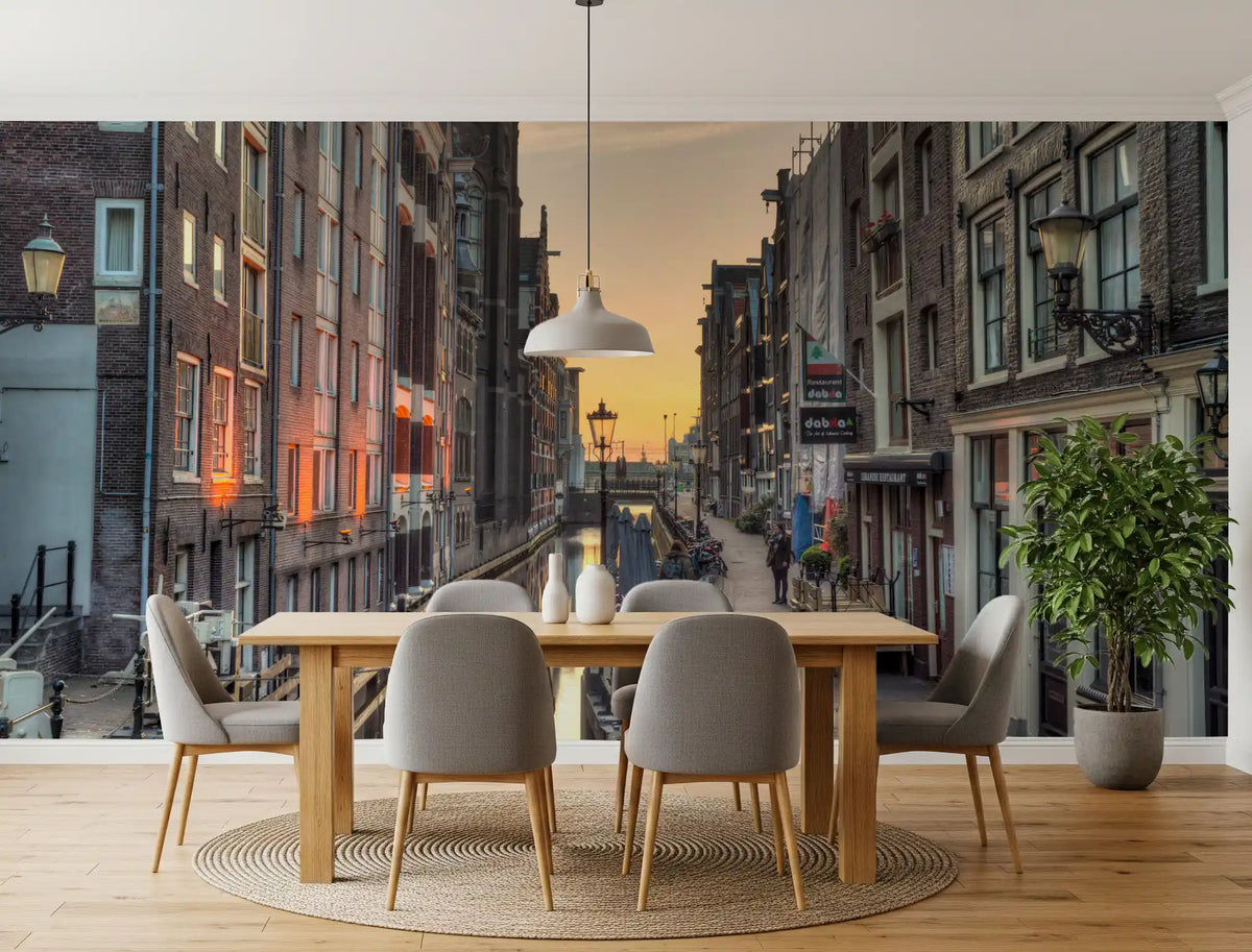 Amsterdam golden hour canal scene wall mural with tall brick townhouses GD11148