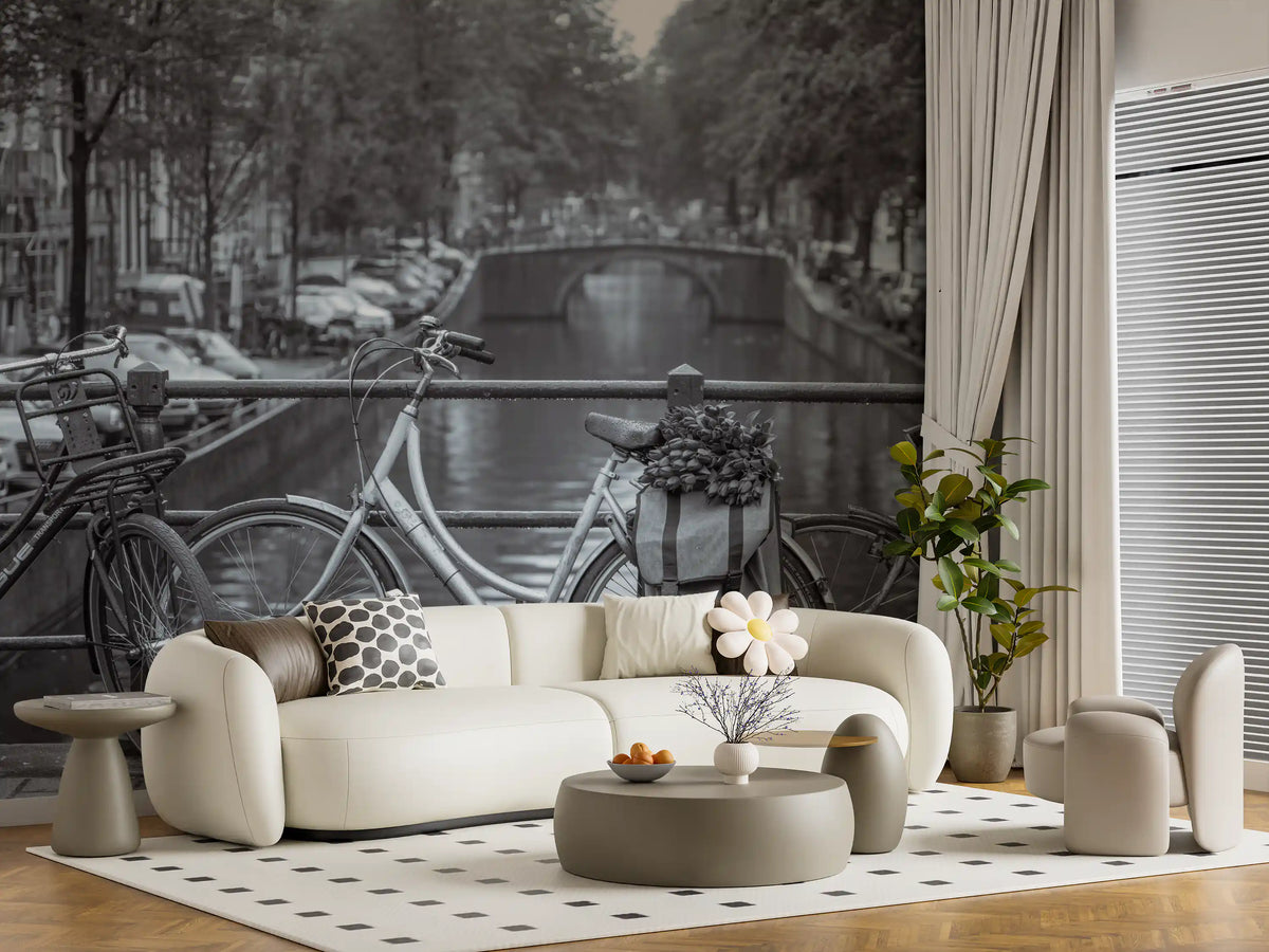 Amsterdam canal bicycle scene wall mural in soft black and white tones GD11149