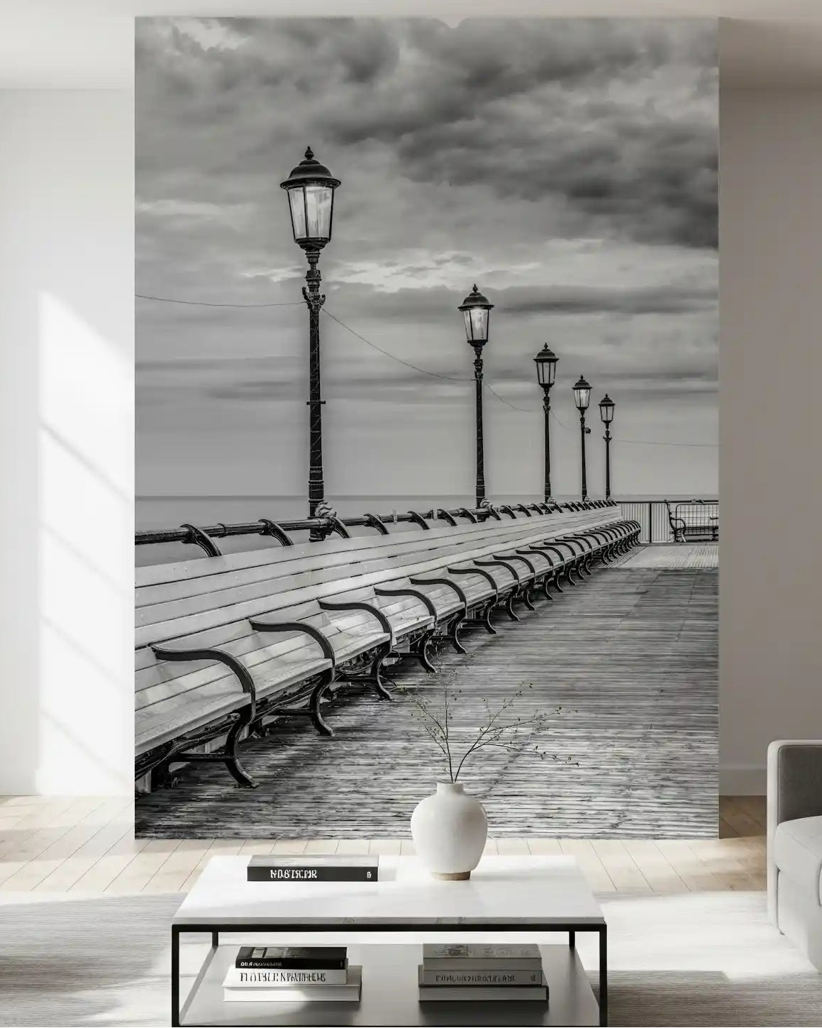 Monochrome pier promenade mural with vintage lamp posts and wooden benches GD11151