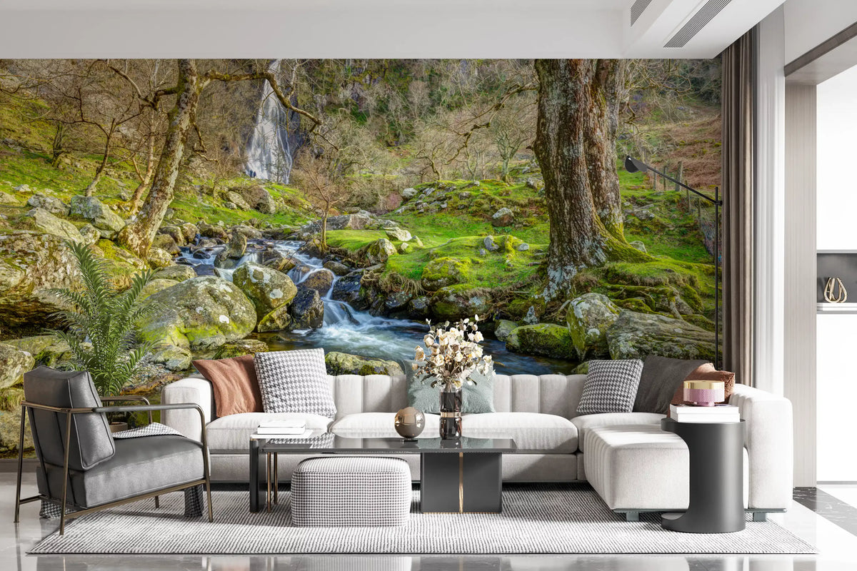 Forest waterfall stream mural with mossy boulders and bare branching trees GD11152