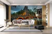 Amsterdam Canal Evening Illumination Wall Mural