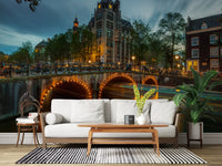 Amsterdam Canal Evening Illumination Wall Mural