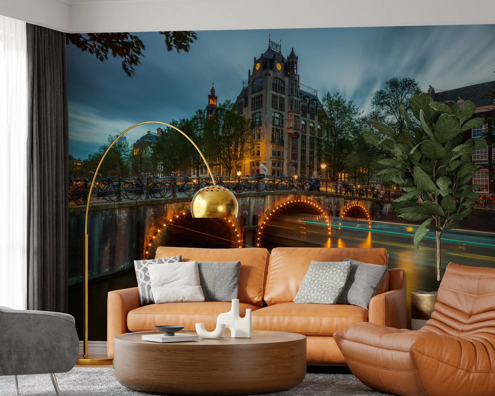 Amsterdam Canal Evening Illumination Wall Mural